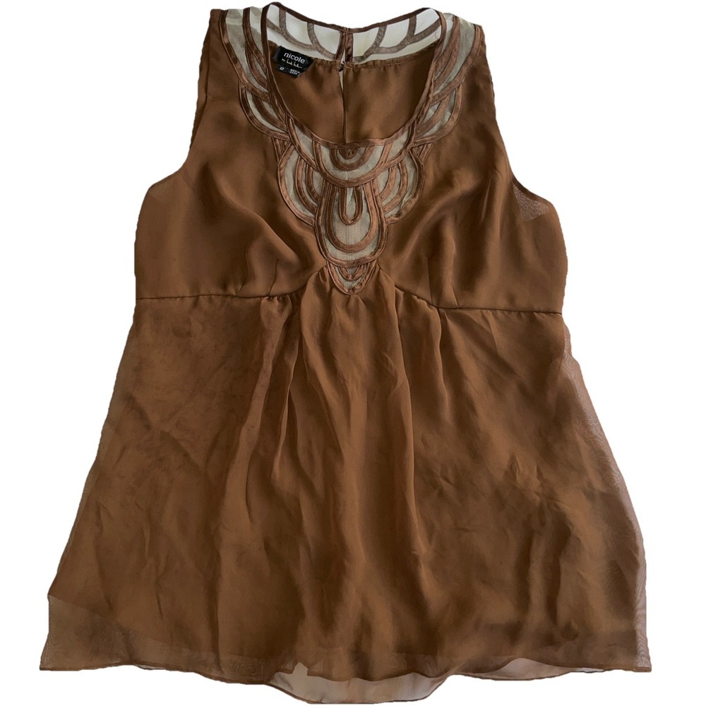 Nicole by Nicole Miller Brown Sleeveless Embroidered Mesh Neck Peplum Blouse 12